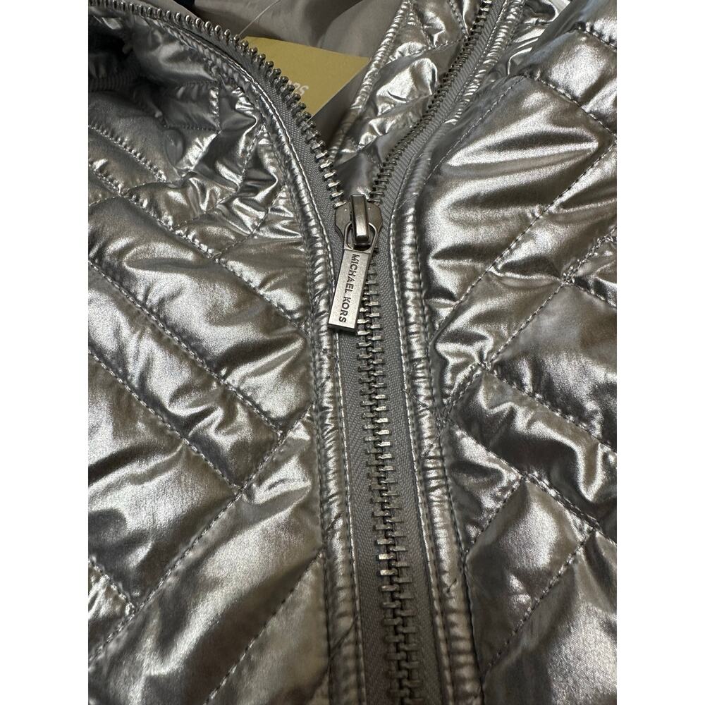 Michael Kors Silver Metallic Quilted Hooded Coat Jacket Small NWT Ciré Puffer - Picture 12 of 15
